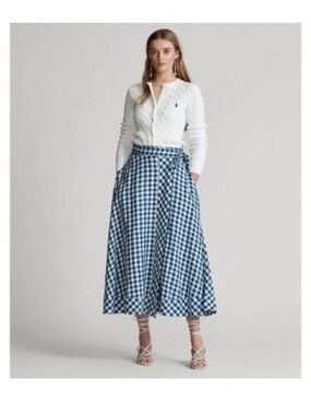 Polo by Ralph Lauren Blue and White Gingham Wrap Midi Skirt